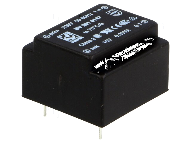 Transformator: ingegoten; 0,35VA; 230VAC; 15V; 23mA; PCB; BV Transformator: ingegoten; 0,35VA; 230VAC; 15V; 23mA; PCB; BV